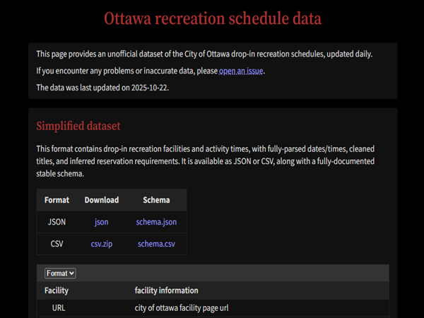 Ottawa recreation schedule data